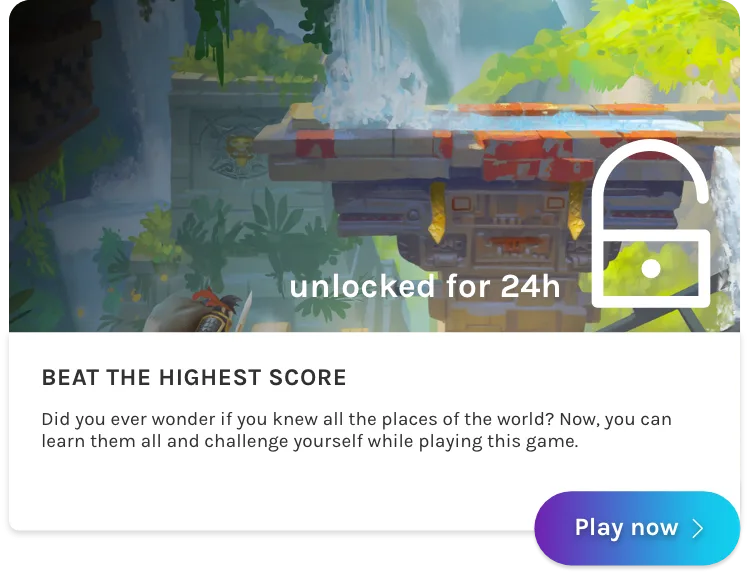 A daily challenge card marked unlocked for 24 hours with a Play now button