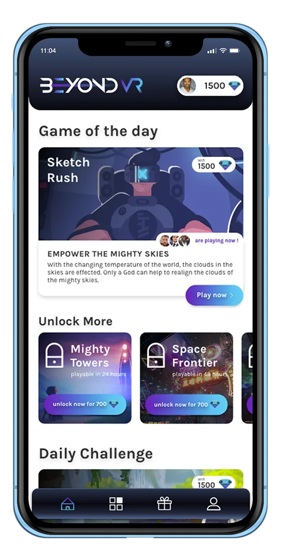 The BeyondVR home screen showing the game of the day, games to unlock and the daily challenge
