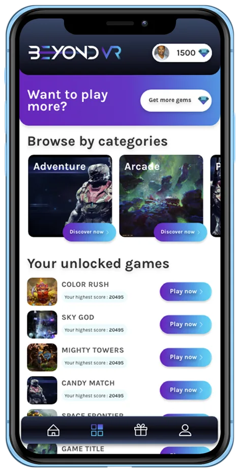 The BeyondVR library screen with game categories and a list of unlocked games