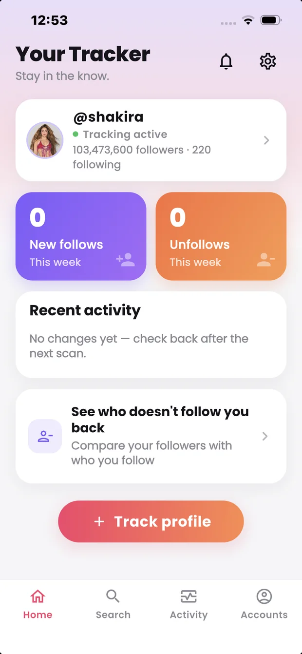 Busit home dashboard showing a tracked profile, new follows, unfollows, recent activity, and a link to see who doesn't follow you back