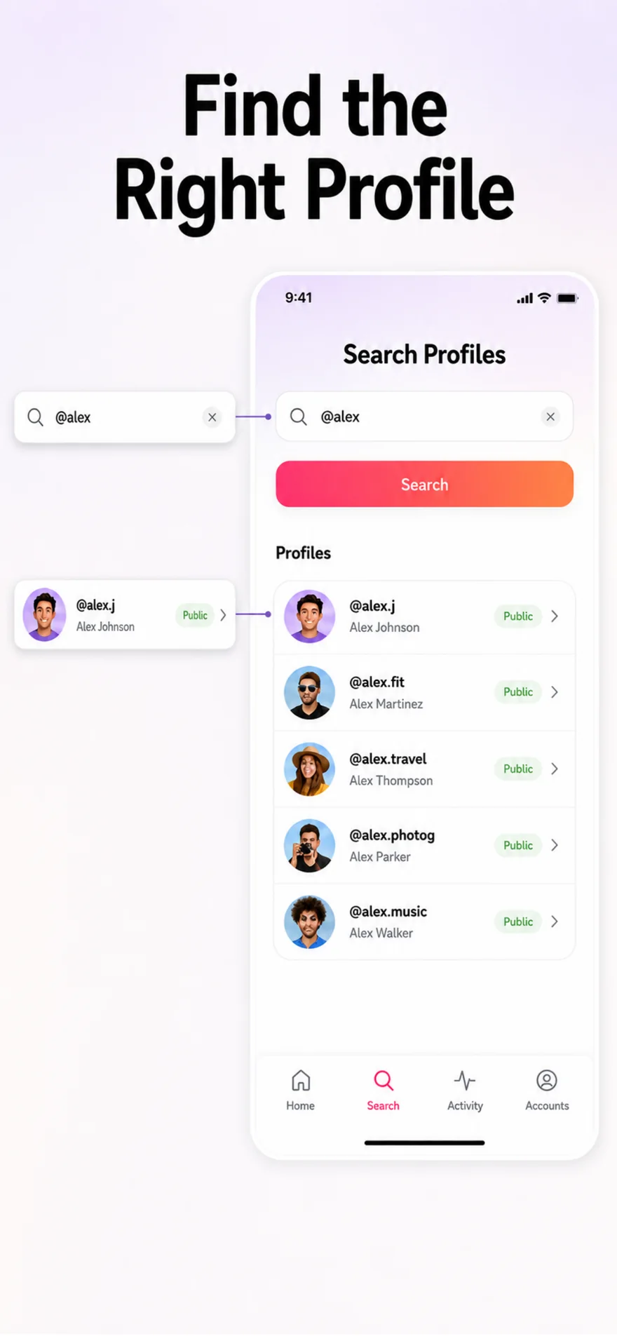 Busit search results screen listing five similar public profiles with names, avatars, and public badges