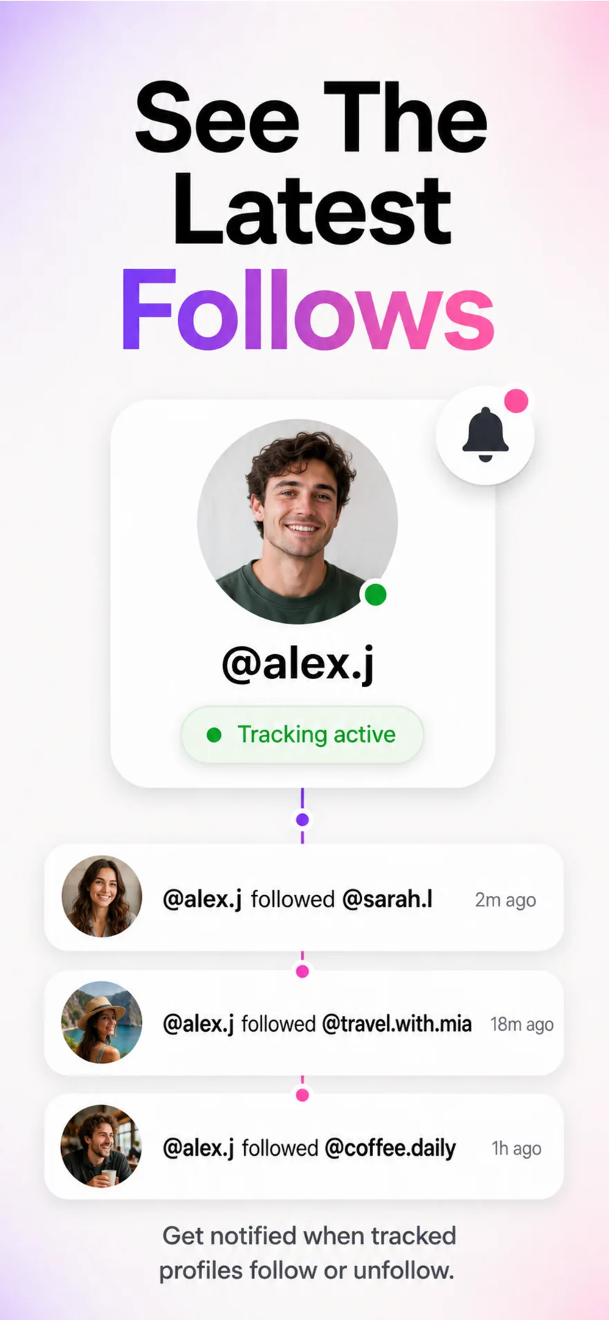 Busit recent follows timeline showing a tracked profile following three accounts with timestamps