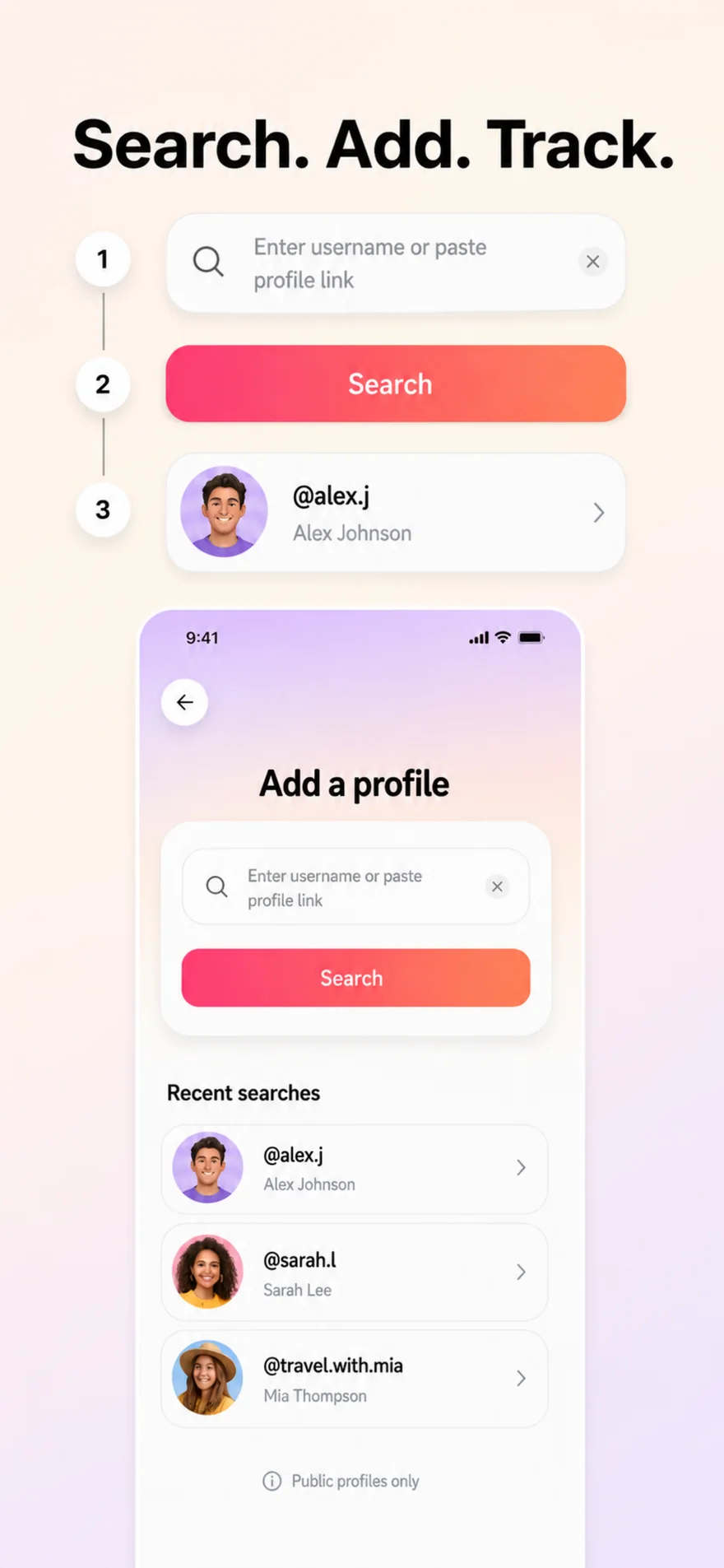 Busit add a profile screen with a username search field, search button, and a list of recent searches