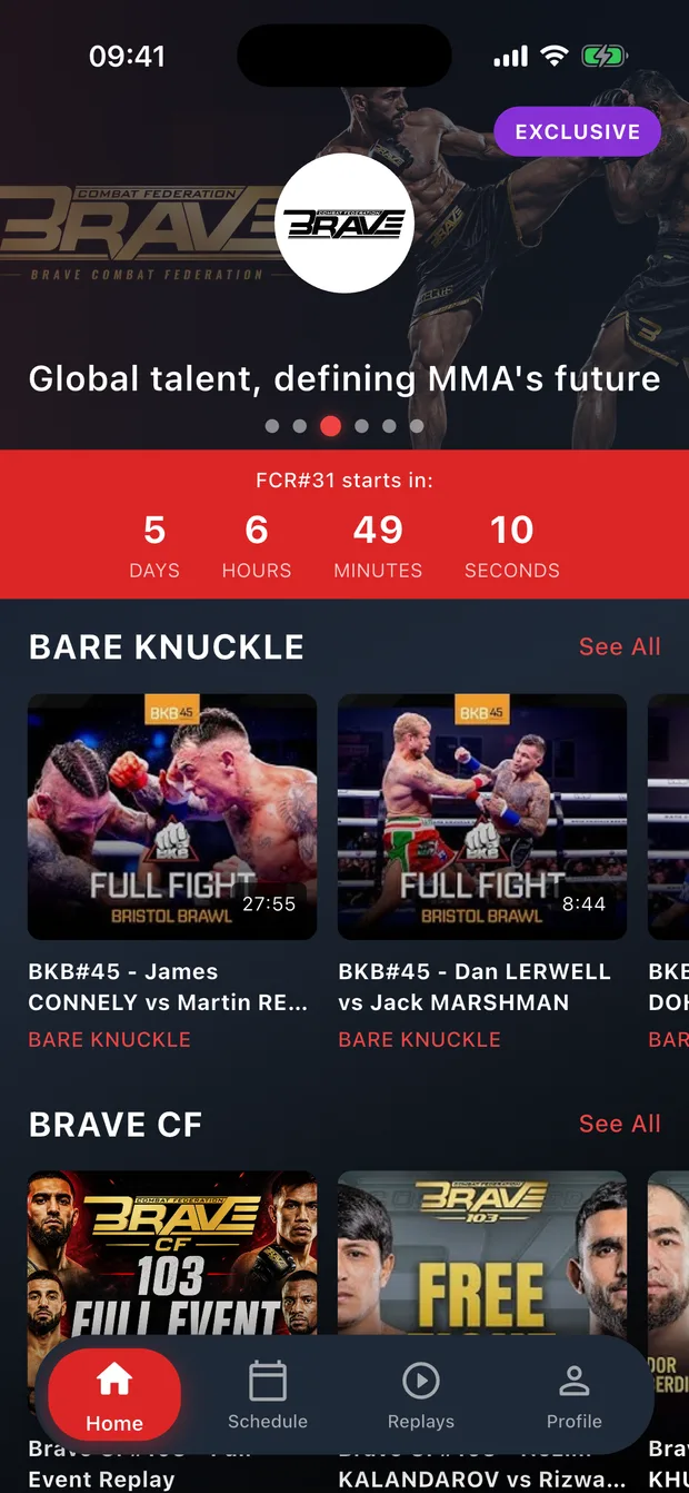 Fight House home screen showing a hero banner, a countdown to the next live event and rows of video thumbnails