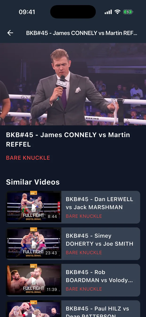 Fight House video player with playback controls, a Next Live row and a Similar Videos row