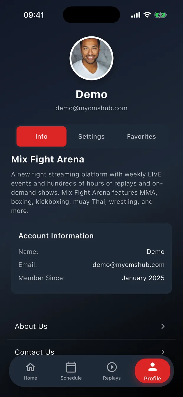 Fight House profile tab with notification toggles, video quality and language settings, and a Delete account button