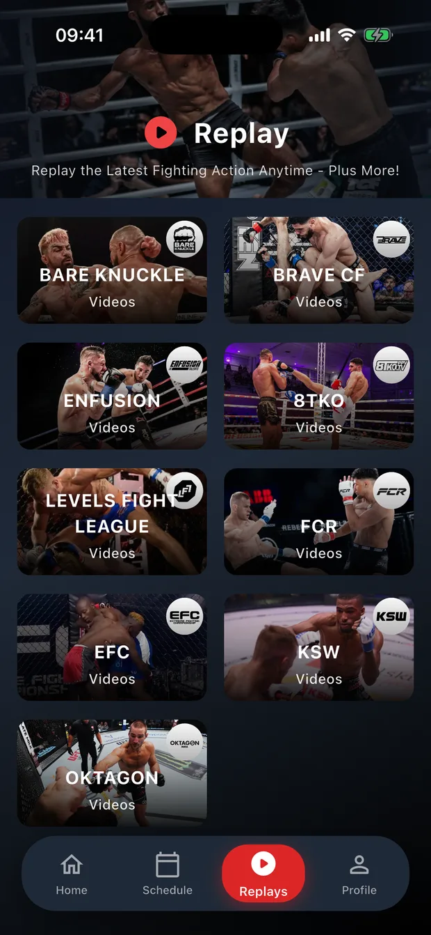 Fight House replays tab showing video categories and a sort menu