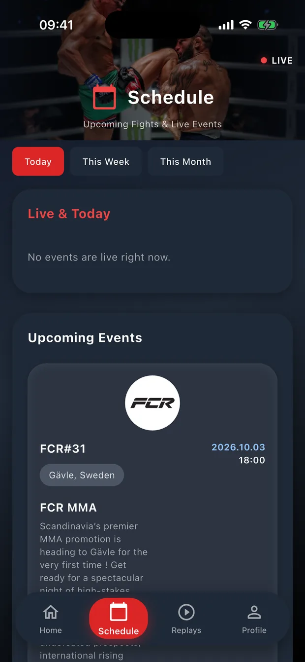 Fight House schedule tab listing upcoming fights with This Week and This Month filters and Set Reminder buttons