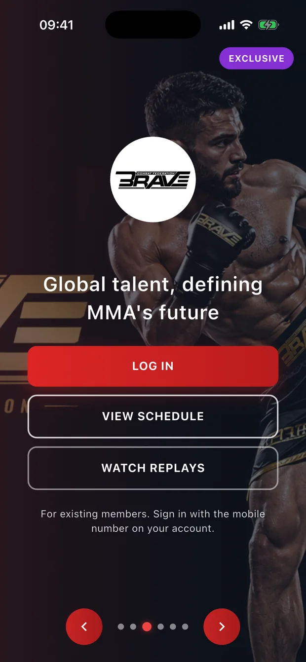 Fight House welcome screen with a fight event hero image and Log in, View schedule and Watch replays buttons
