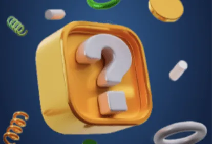 A golden question-mark box floating among colourful shapes