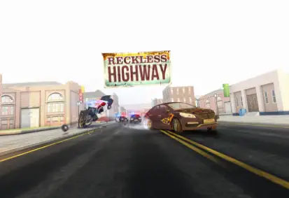A car speeding down a desert highway in a racing game
